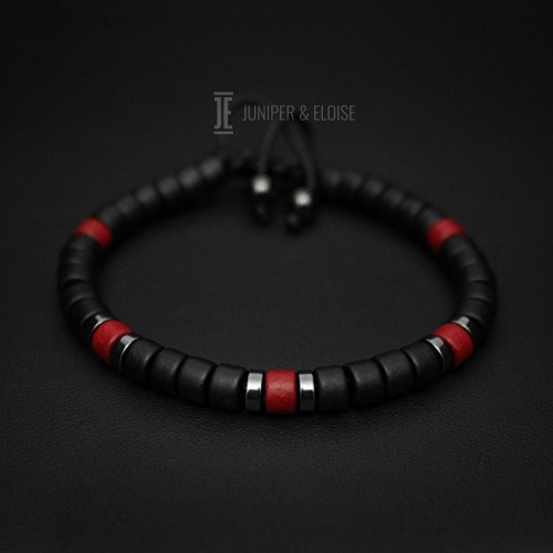 Black and Red Beaded Bracelet with Hematite Spacers