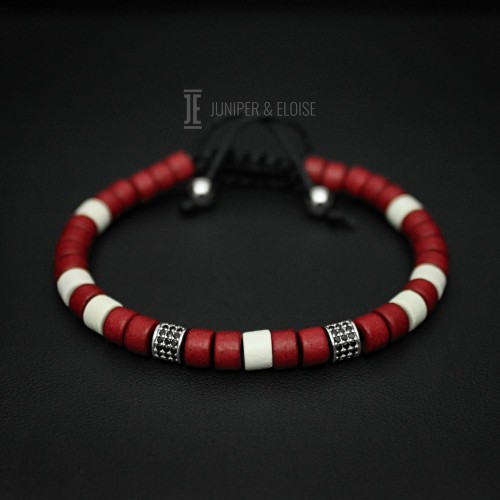 Mens Red and White Beaded Ceramic Bracelet