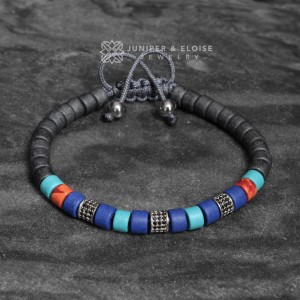 Electric Blue-Turquoise-Gray Beaded Bracelet