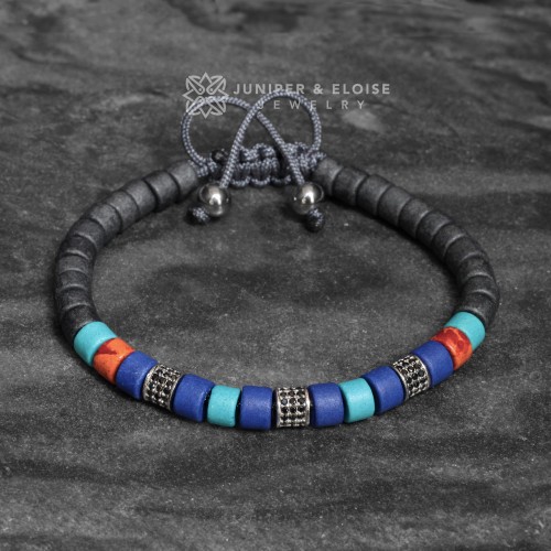 Electric Blue-Turquoise-Gray Beaded Bracelet