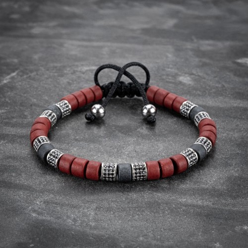 925 Silver Zircon Rondelle, Red and Gray Ceramic Beaded Bracelet