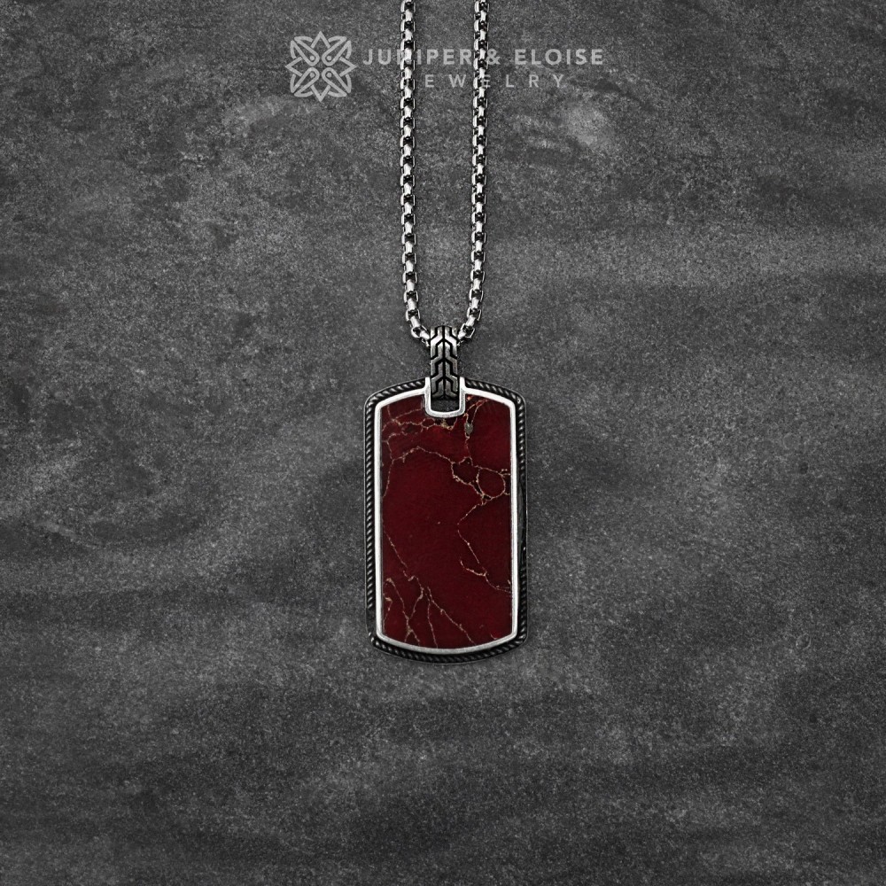 Men's Silver Tag Necklace With Red Jasper Finish