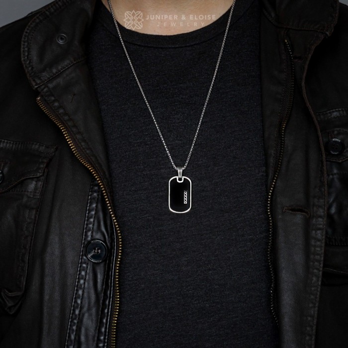 Men's Silver Black Tag Necklace