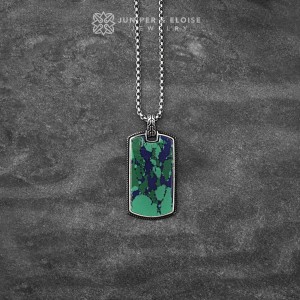 Mens Tag Pendant Necklace with Azurite Finish