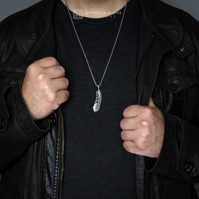 Mens 925 Silver Feather Pendant Necklace