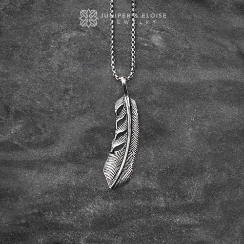 Mens 925 Silver Feather Pendant Necklace