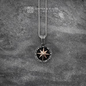 Men's 925 silver North Star compass pendant necklace