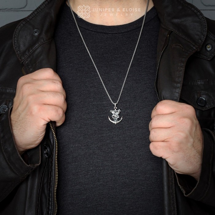 Men's 925 Silver Eagle and Anchor Pendant Necklace