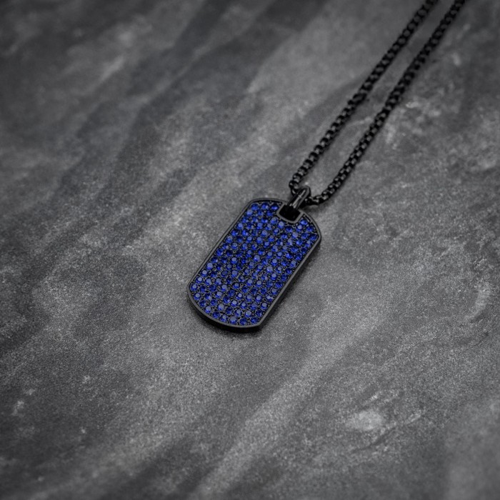 Sapphire Blue Zircon Pave Tag Necklace For Men