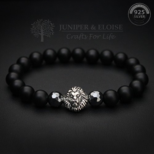 Black beaded 925 Silver Lion Bracelet