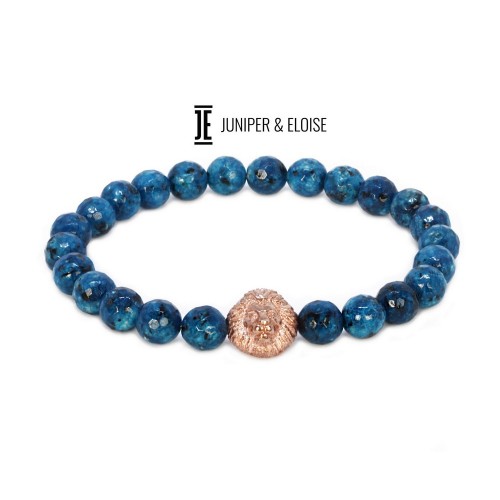 Blue Jade Beads & 925 Silver Rose Gold Plated Lion Charm Bracelet
