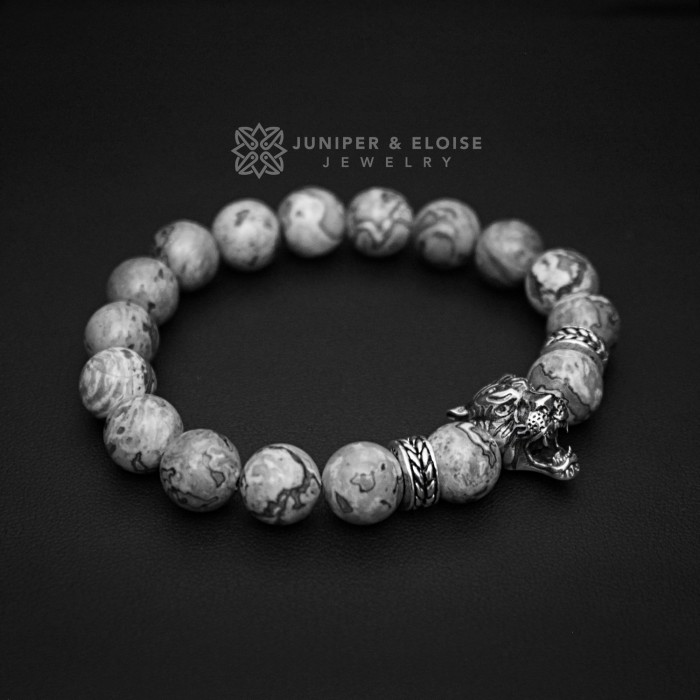 Gray Jasper Beaded 925 Silver Tiger Bracelet