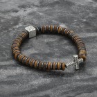 Mens Elastic Silver Cross  Bracelet with Tigers Eye Beads Mens Elastic Silver Cross  Bracelet with Tigers Eye Beads
