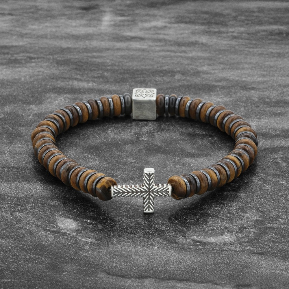 Mens Elastic Silver Cross  Bracelet with Tigers Eye Beads Mens Elastic Silver Cross  Bracelet with Tigers Eye Beads