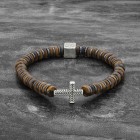 Mens Elastic Silver Cross  Bracelet with Tigers Eye Beads Mens Elastic Silver Cross  Bracelet with Tigers Eye Beads