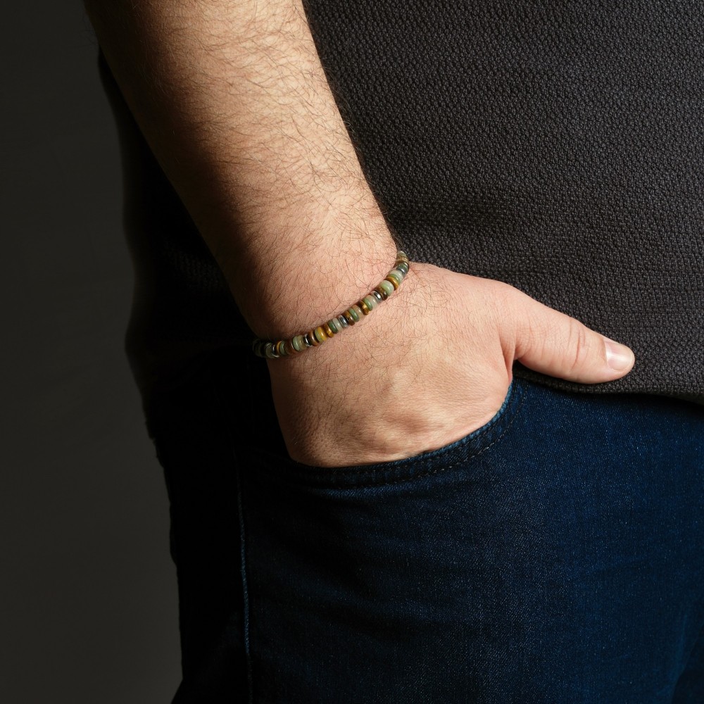 Mens Tigers Eye, Hematite, Jasper Beaded Bracelet