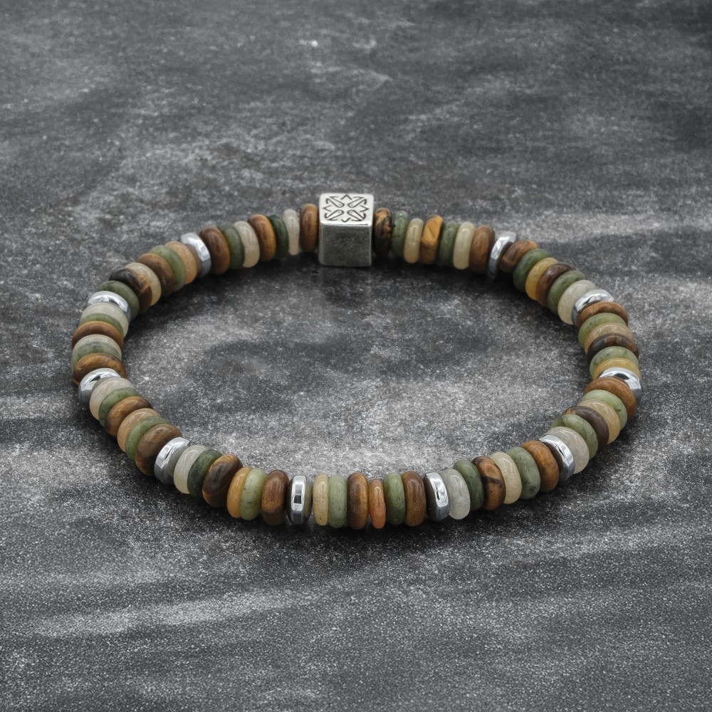 Mens Tigers Eye, Hematite, Jasper Beaded Bracelet